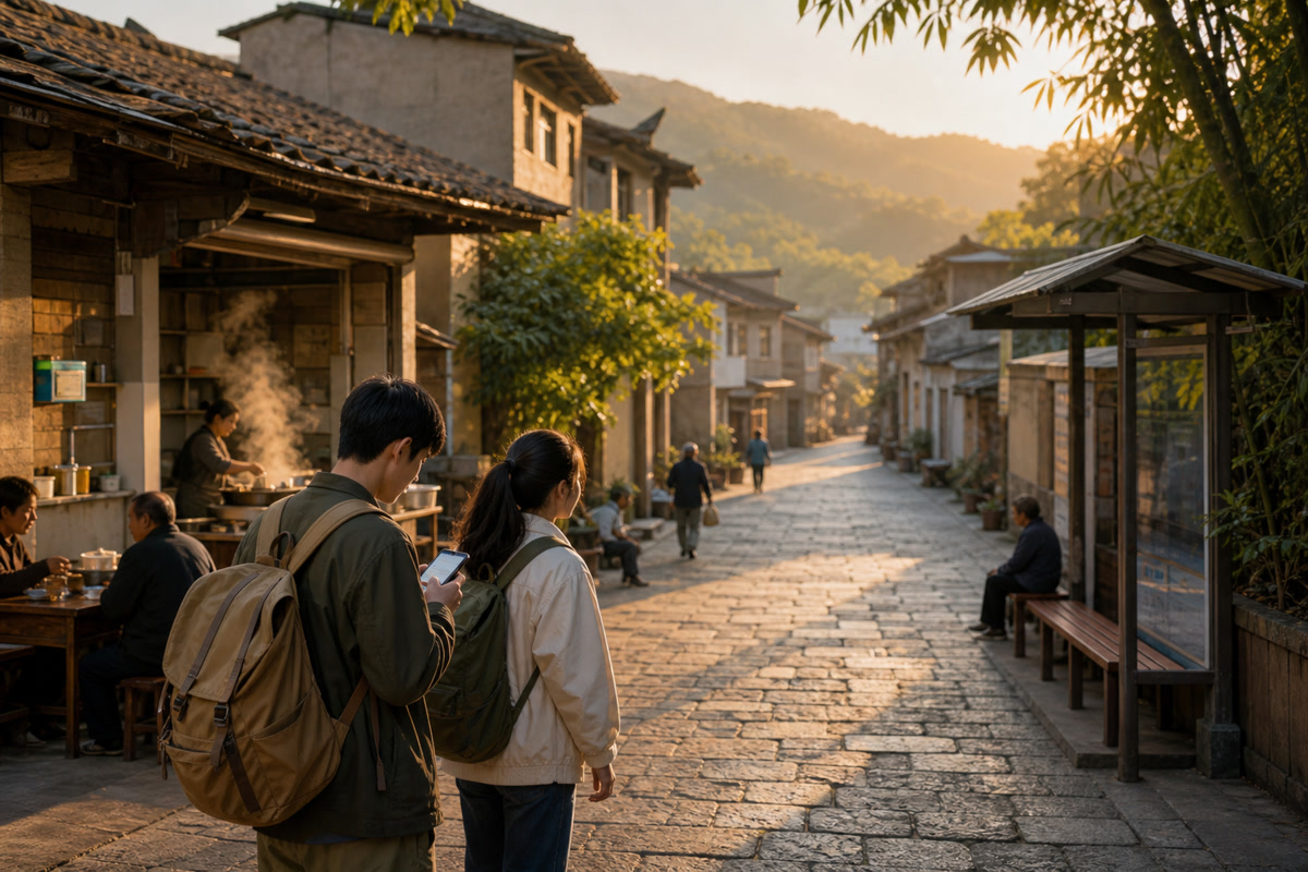 年轻游客在小城进行慢旅行的概念场景