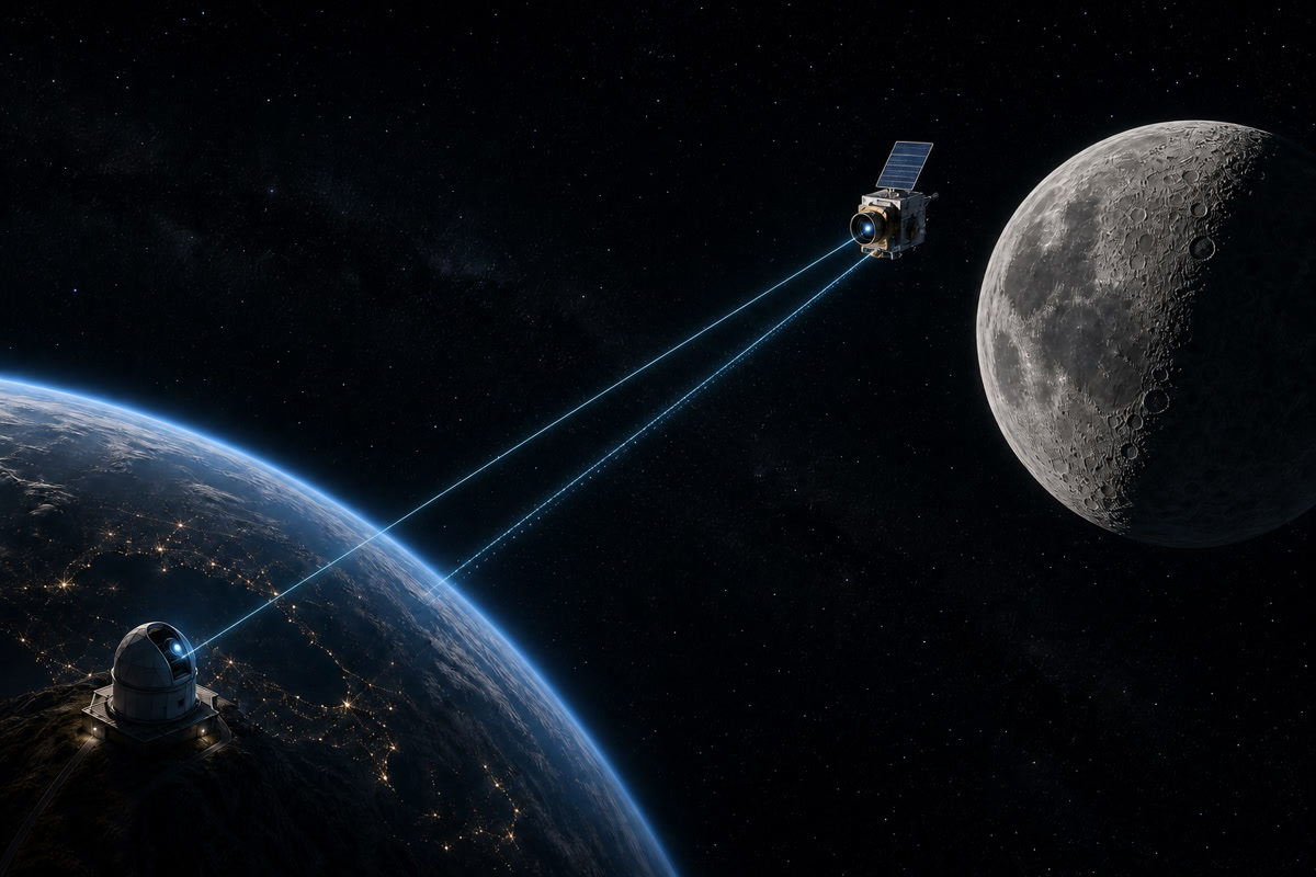 地球光学地面站与月球附近轨道卫星进行双向激光通信的概念图