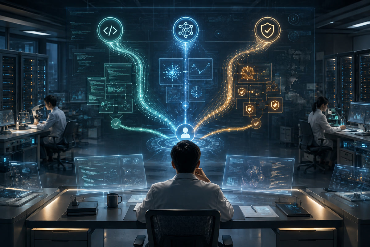 AI研究智能体与人类监督协作概念图