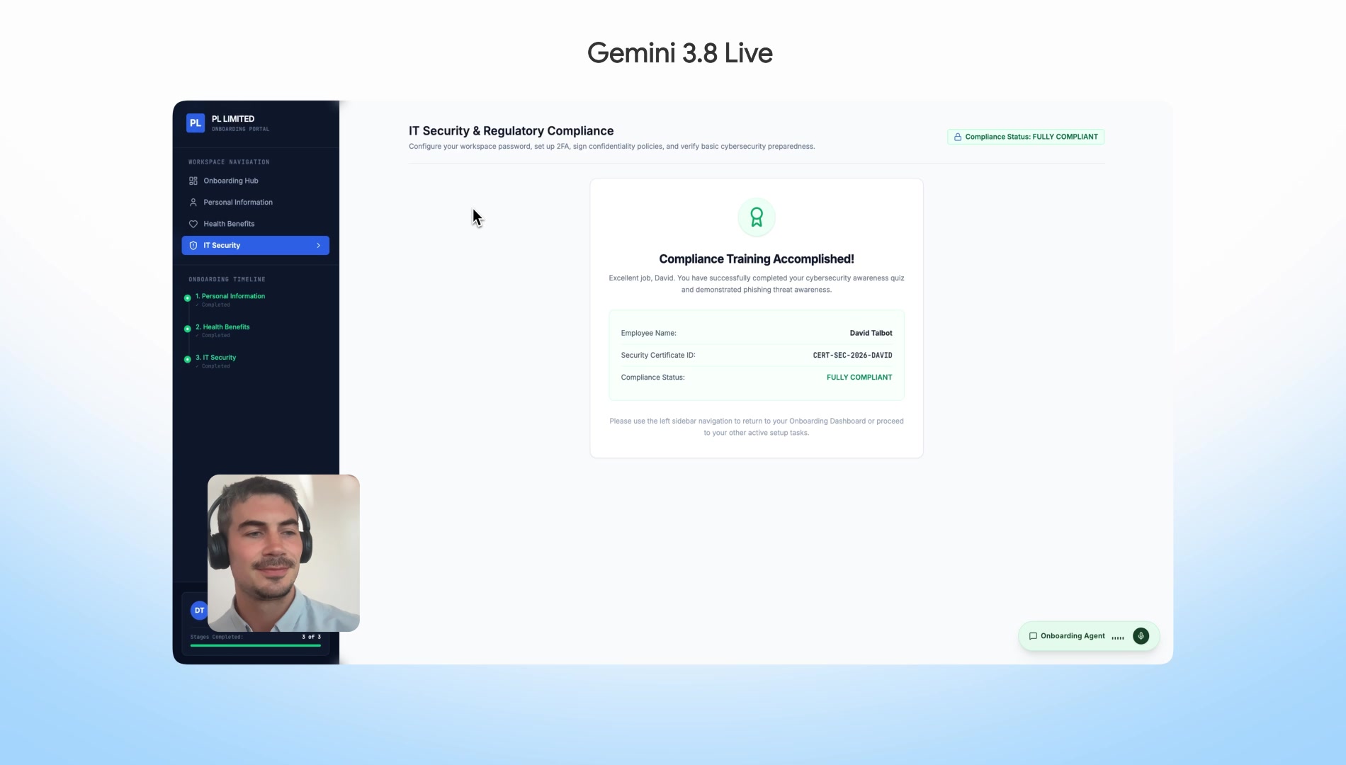 Gemini 3.8 Live官方演示中语音代理完成员工入职安全培训流程的界面