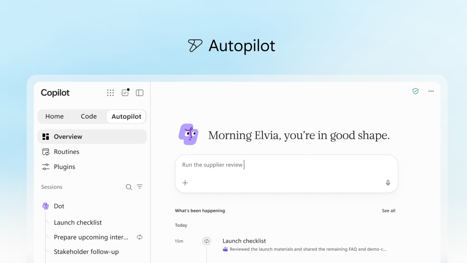 微软官方展示的Copilot Autopilot界面，含任务会话与Routines入口