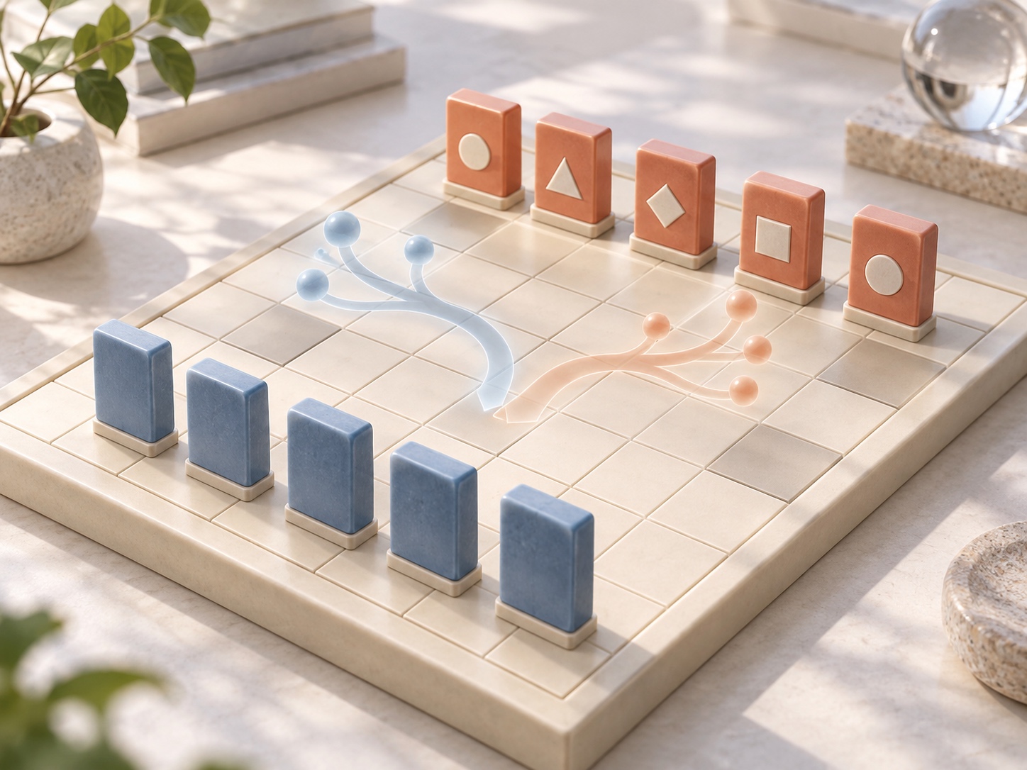 AI原创的隐藏信息博弈概念插画,蓝色棋子背面与珊瑚色棋子正面朝向不同,抽象分支表示可能局面