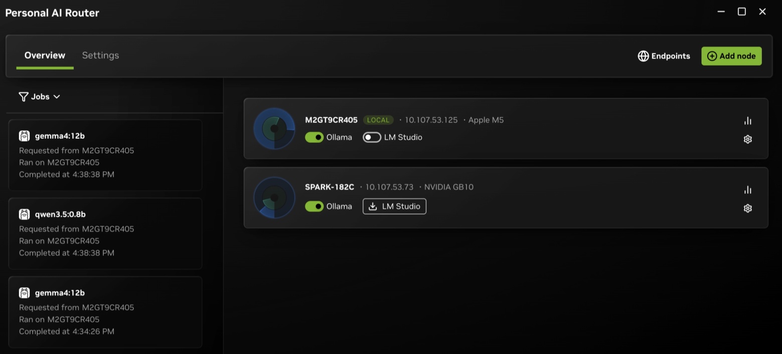 PAIR官方文档的双节点总览界面：Mac与NVIDIA GB10设备分别列出，旁边显示请求记录